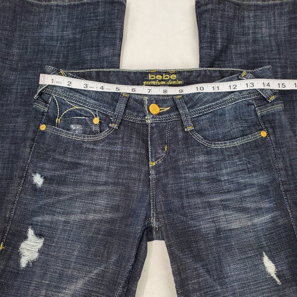 Bebe | Vintage Y2K Gold Metal Logo Back Pocket Bootcut Flare Jeans | 26 Low Rise - Picture 10 of 14